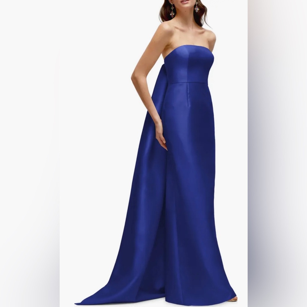 NEW Alfred Sung Strapless Satin Twill Column Gown w/ Removable Train sz 4 Blue - Picture 2 of 10